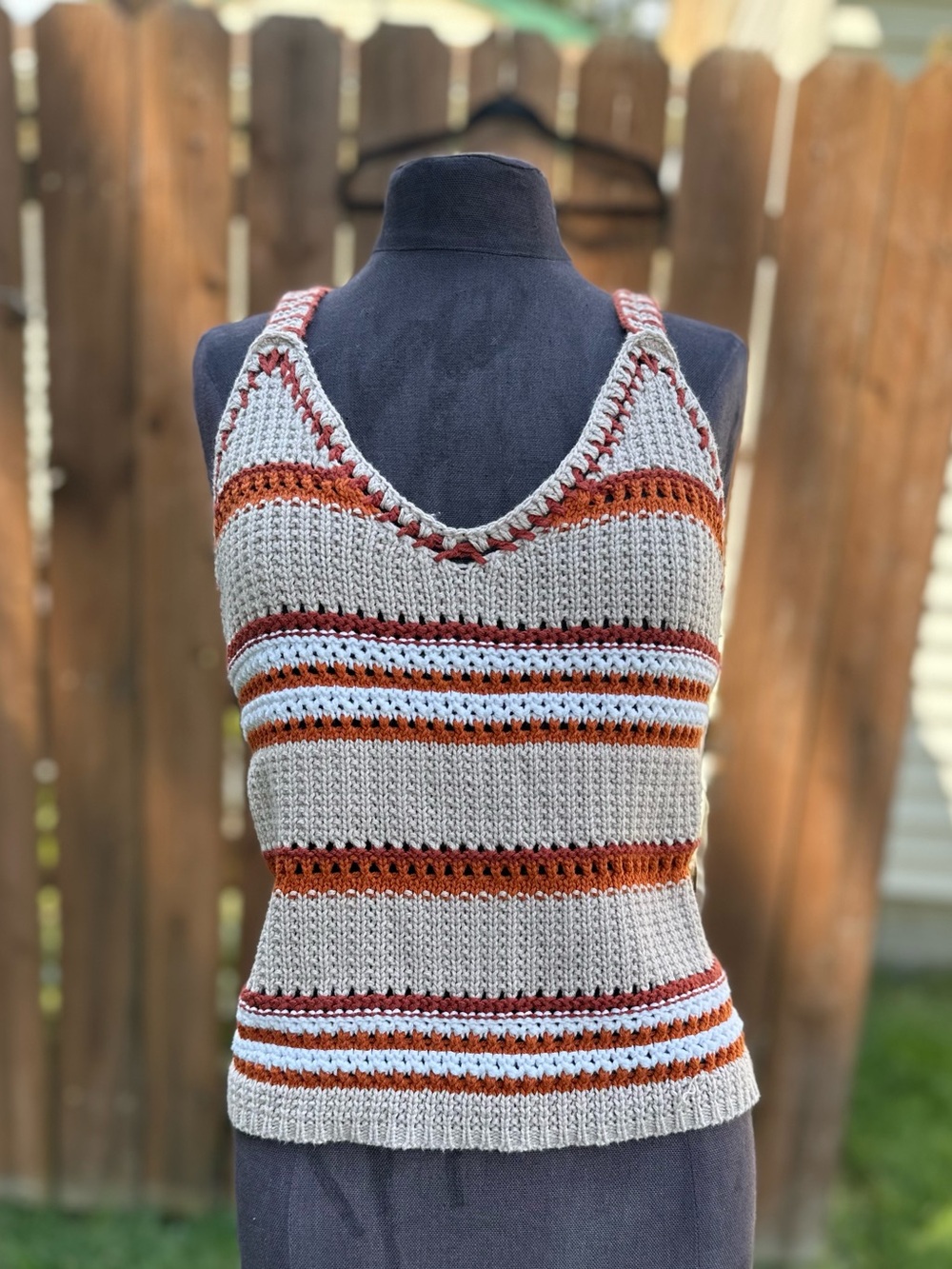 NWT Planet Gold Striped Crochet V-Neck Tank in Beige, Rust & White